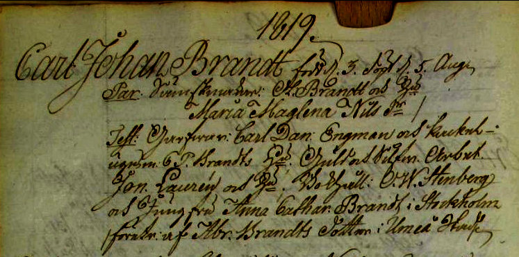 Udsnit af kirkebog, Daab af Carl Johan Brandt